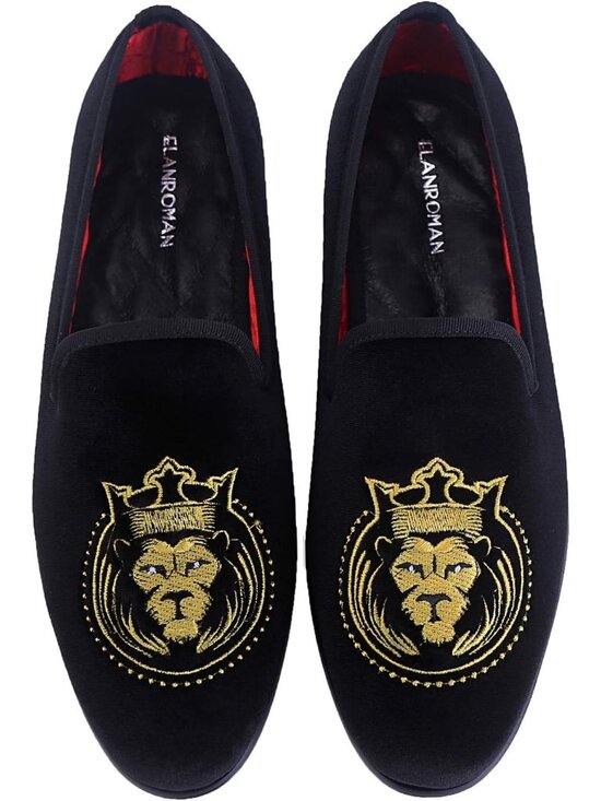 ELANROMAN Men\'s Vintage Black Velvet Loafers Embroidered Lion Crown Party Shoes main image 4